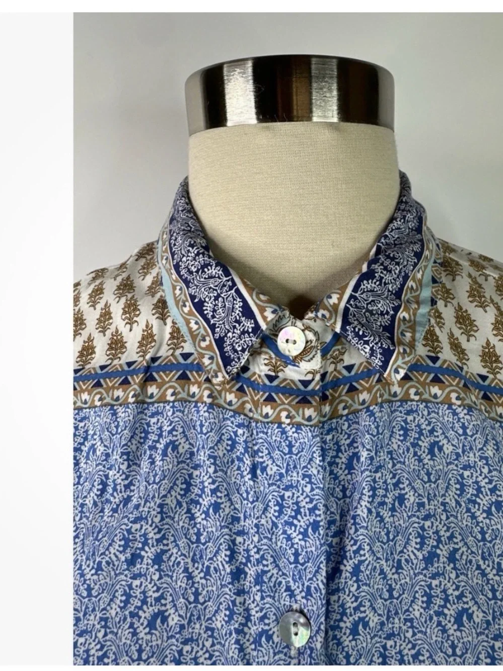 J. Jill Blue and Cream Patterned Long-Sleeve Blouse